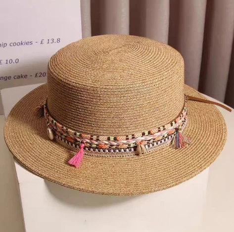 Boho Chic ruda popierinė šiaudinė skrybėlė